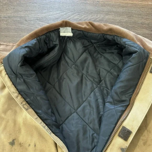 VTG‎ Carhartt Quilt Lined Canvas Chore Barn Coat Corduroy Collar Tan Distressed